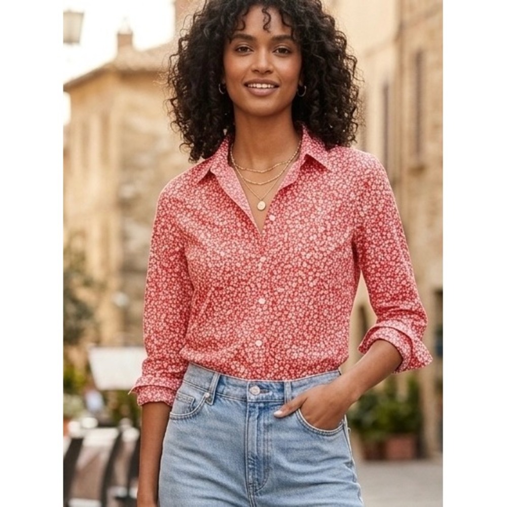 J.Crew‎ Womens XS Red Floral Ditsy Print Cotton Button Down Shirt Long Sleeve